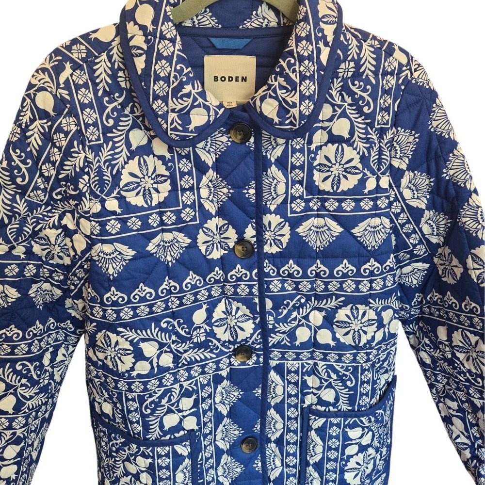 Boden Soft Quilted Longline Coat Collar Pockets Blue White Floral Size 12 Cotton - Picture 3 of 7